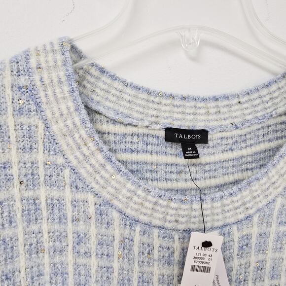 Talbots M Crewneck Sweater Sequin Plaid Blue Short Sleeve Preppy Academic NWT - Picture 4 of 12